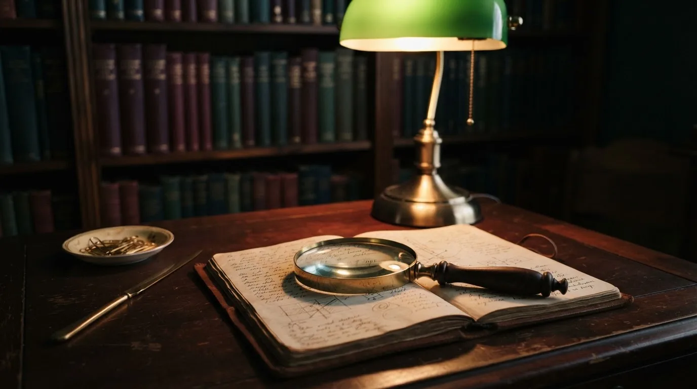 Ett förstoringsglas vilar på ett träbord bredvid en tänd skrivbordslampa i ett tyst bibliotek sent på kvällen.