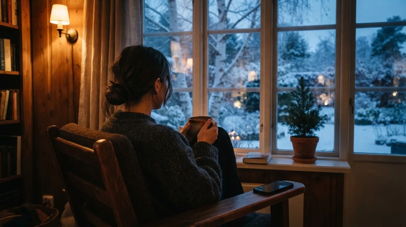 En person sitter ensam vid ett fönster i skymningen och håller en tekopp, med en rofylld vinterträdgård synlig utanför glaset.